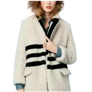 J. Crew Yuma Teddy Sherpa Trench Striped Fuzzy Cream Navy Coat Jacket XS